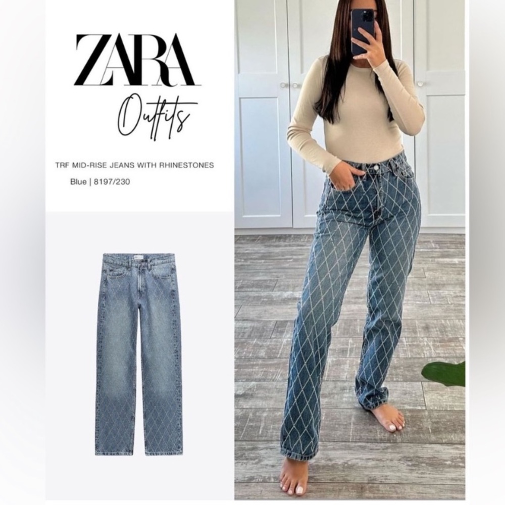 Zara TRF MID RISE RHINESTONE JEANS